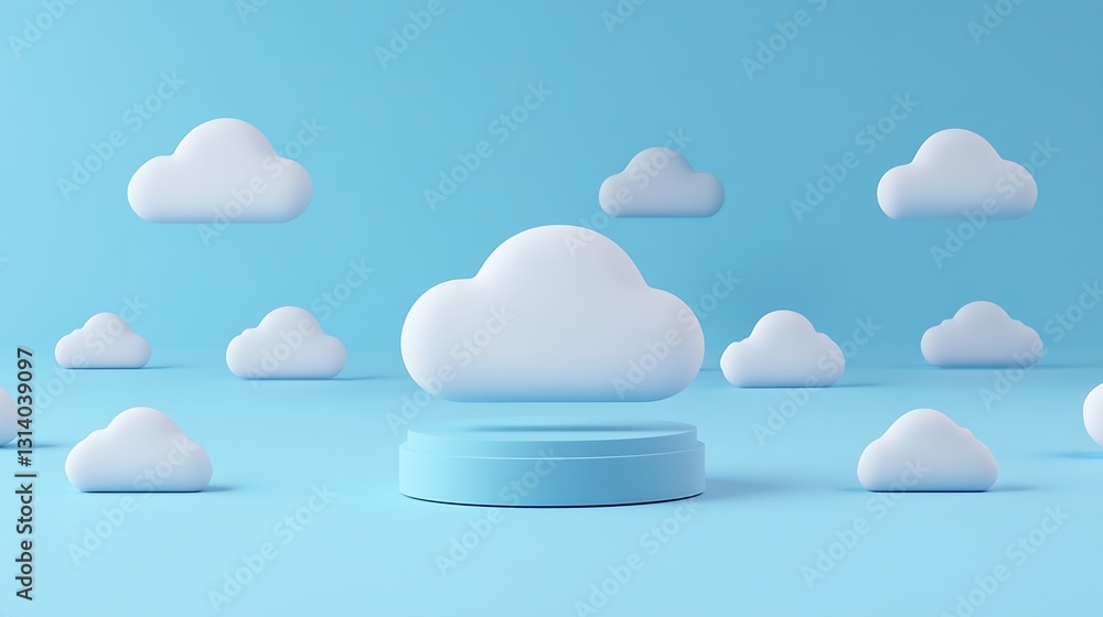 Poster floating white clouds on light blue background with simple pedestal display for minimalist design co