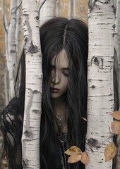 Portrait of a girl in a forest, among bitch trees.
