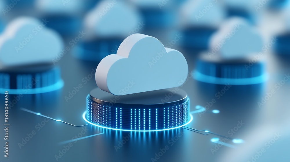Poster futuristic cloud computing concept with 3d elements and digital components on dark surface