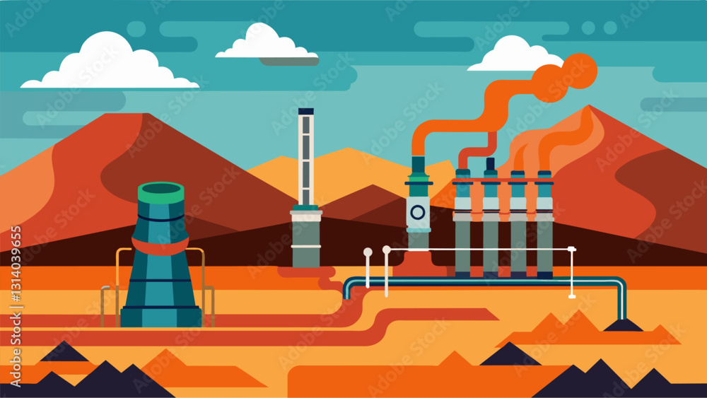 Wall mural an array of towering pipes and machinery extracting geothermal energy from deep beneath the surface.
