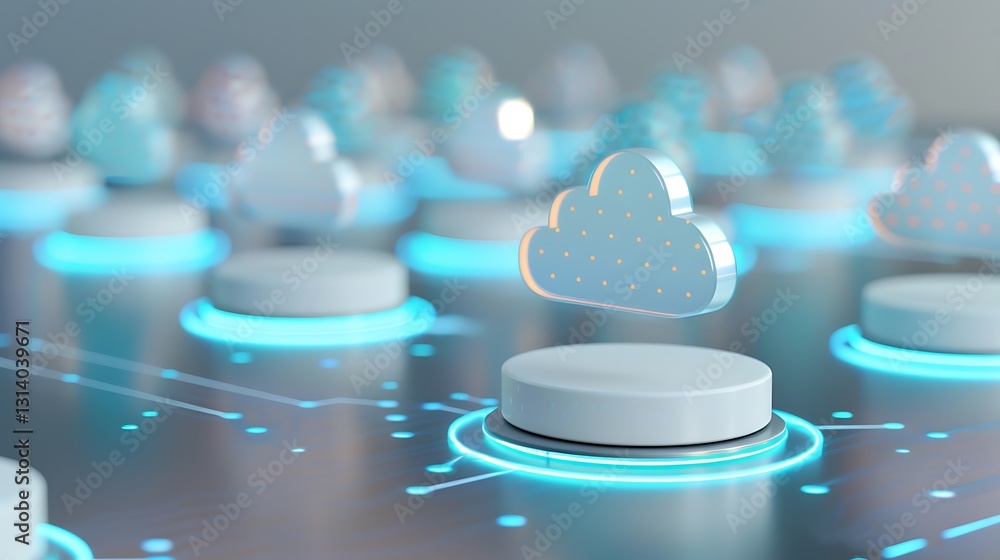 Poster futuristic cloud computing concept with abstract digital network and cloud icons in a tech environme