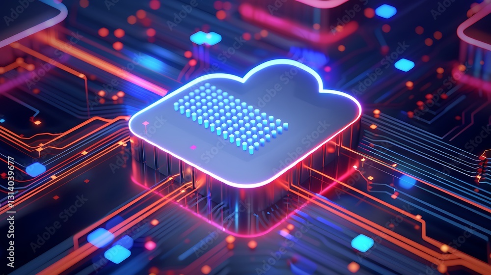 Poster futuristic cloud computing concept with abstract circuit board and neon lights in digital environmen