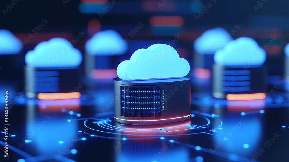 Poster futuristic cloud computing concept with bright cloud icon and data center in digital landscape