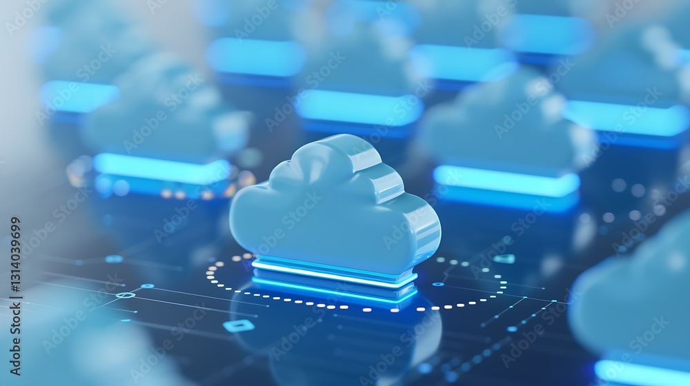 Poster futuristic cloud computing concept with blue cloud icons and digital circuit background for technolo
