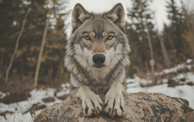 Obraz premium Gray Wolf in Snowy Forest Close Up