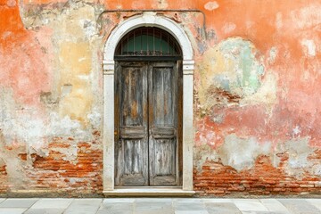 Weathered wooden door on rustic wall with exposed bricks. Artificial Intelligence image
