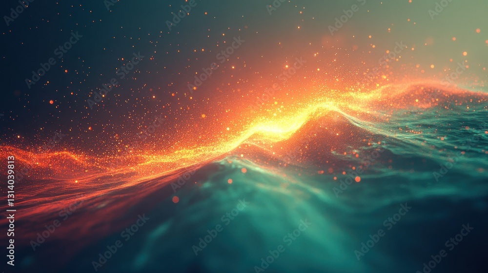 Poster glowing orange particles form abstract wave like patterns and shapes