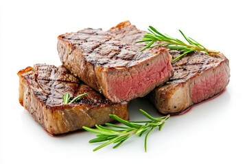 Juicy grilled steak with rosemary and peppercorns on white background. Artificial Intelligence image
