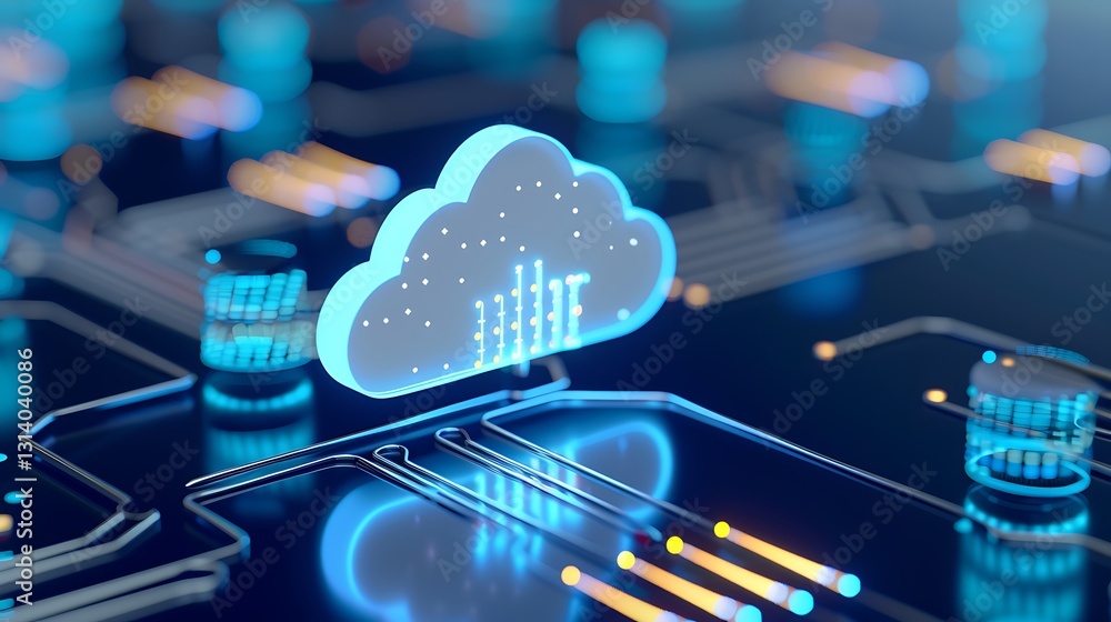 Poster futuristic cloud computing concept with data streams and digital circuitry on a dark background