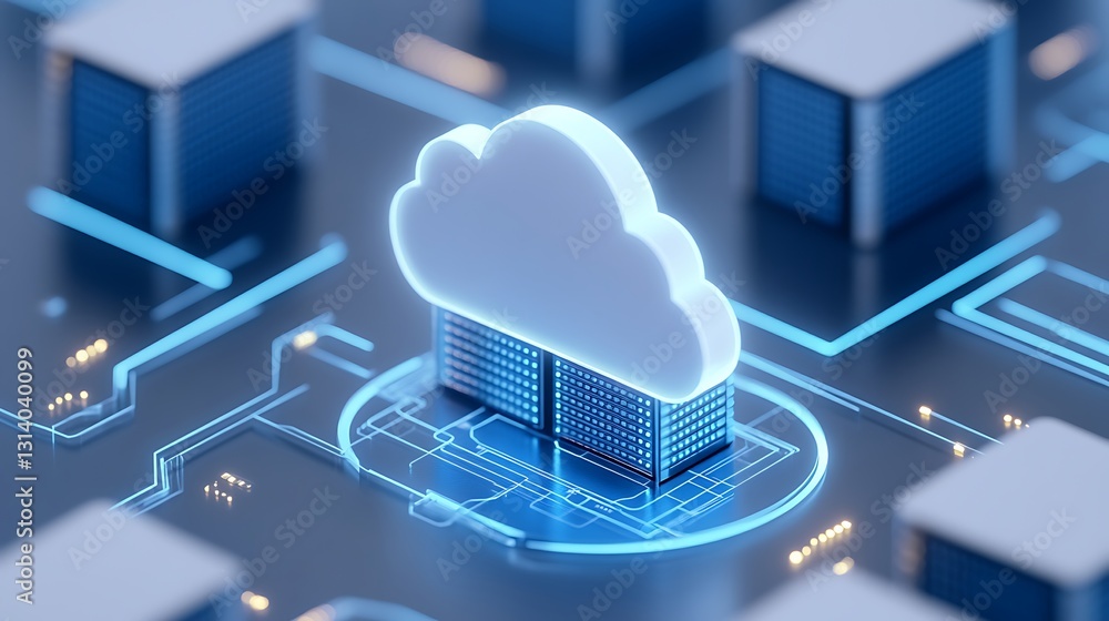 Poster futuristic cloud computing concept with data storage and digital circuit board background in blue to
