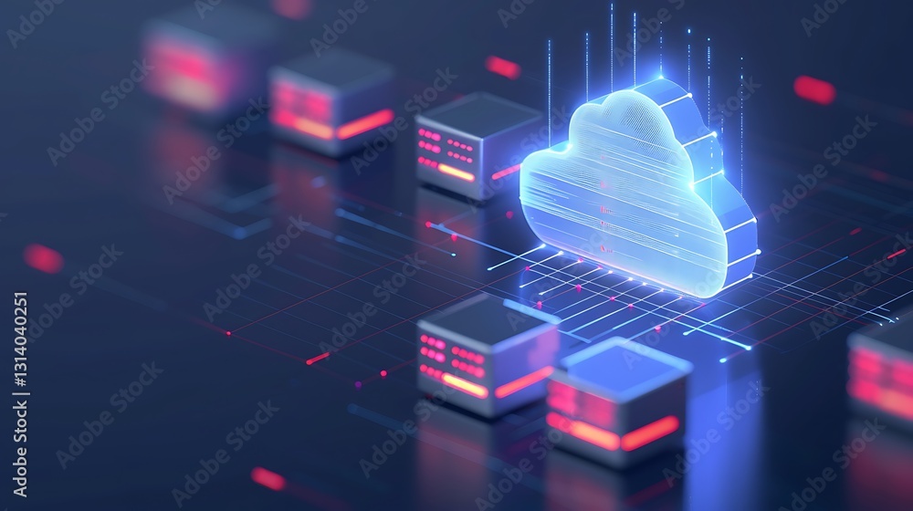 Poster futuristic cloud computing concept with data transmission and digital technology visuals in neon col