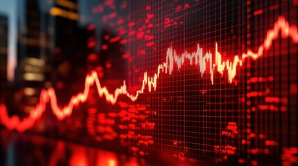 Close-up of Red Stock Market Chart Reflecting City Lights - Financial Downturn, Recession, Business, Crisis