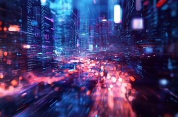 A cityscape with a lot of lights and a blurry background