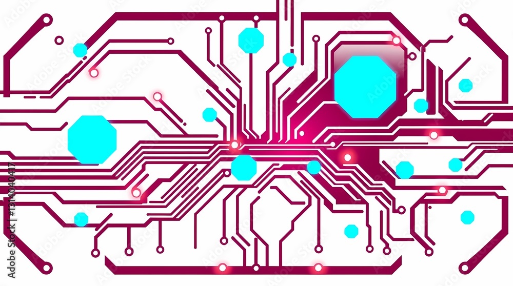 Poster digital network: intricate circuit board with light-blue connection points, conveying the complex in