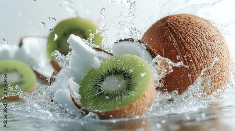 Poster kiwi slices and a coconut with water splashing around them