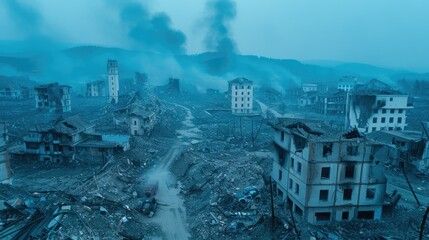 Fototapeta premium Aerial top-down view: buildings devastated by earthquake. Rubble, ruins, and widespread destruction.