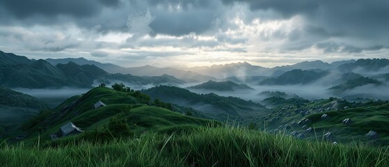 Epic panoramic landscape of a misty mountain range at sunrise with dramatic clouds.