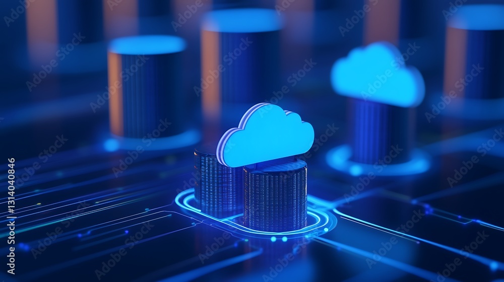 Poster futuristic cloud computing concept with digital data flow in blue light and 3d graphic elements