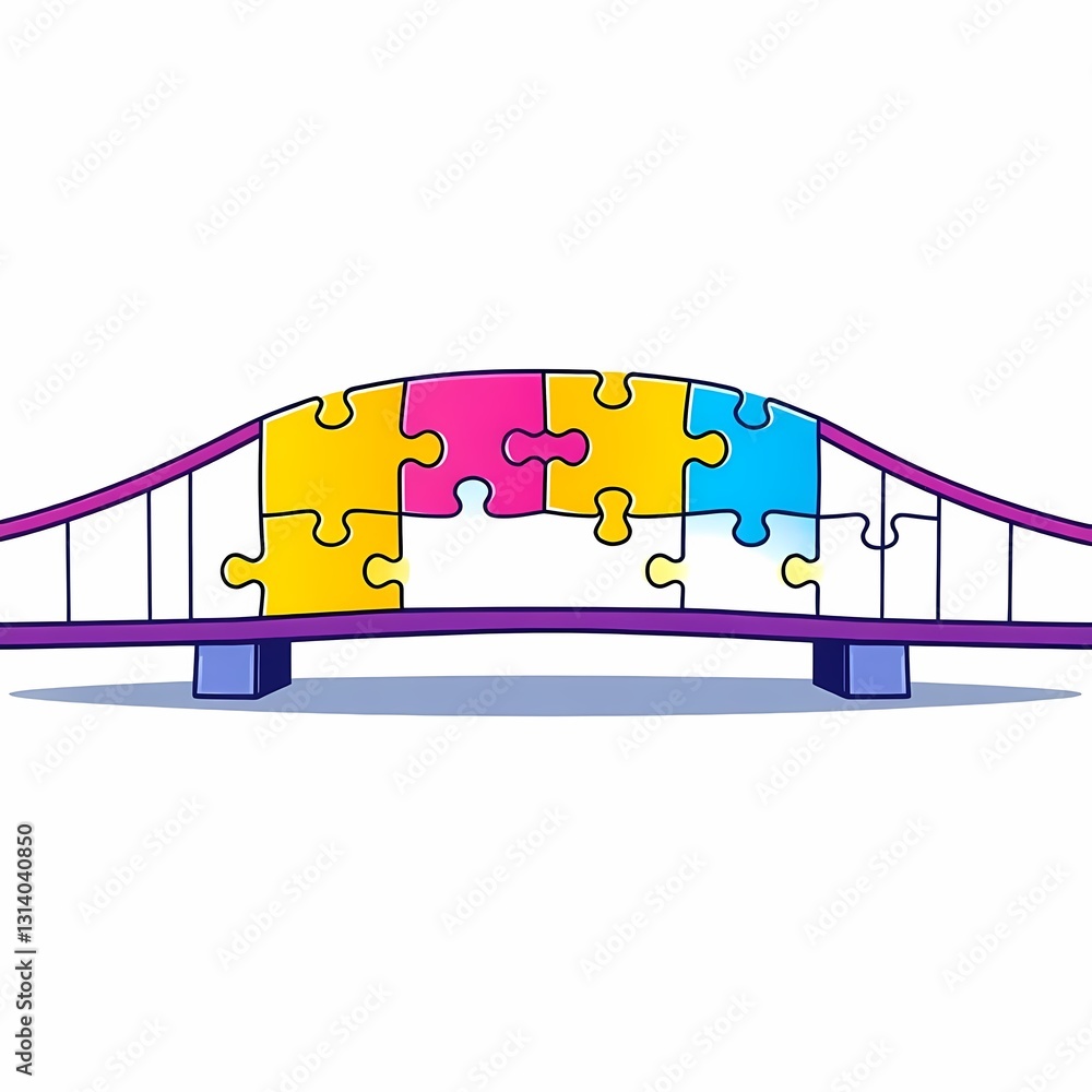 Poster puzzle bridge connection: vibrant puzzle pieces ingeniously interlock to form a sturdy bridge, symbo