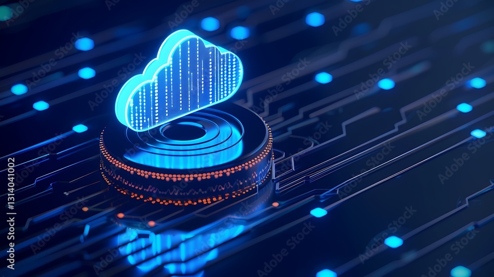 Poster futuristic cloud computing concept with digital data transfer and blue lights in cyber environment