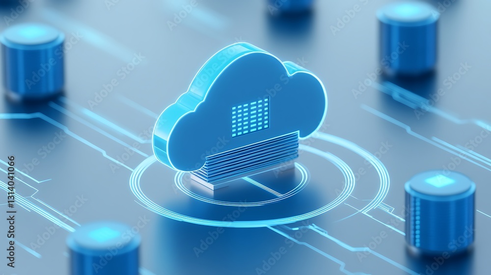 Poster futuristic cloud computing concept with digital elements and data storage icons for technology theme