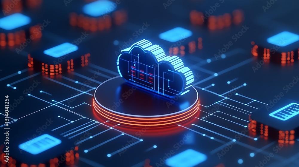 Poster futuristic cloud computing concept with digital networks and neon lights in a technology environment