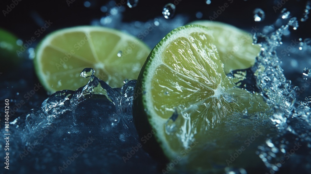 Poster sliced limes submerged in water creating splashes and droplets