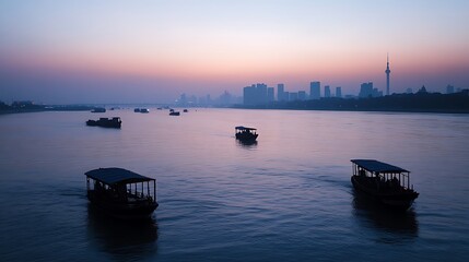 Fototapeta premium Serene sunset over a cityscape with numerous boats on a calm river.