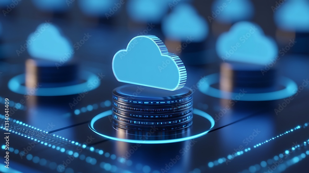 Aufkleber futuristic cloud computing concept with glowing blue cloud icon on digital platform background