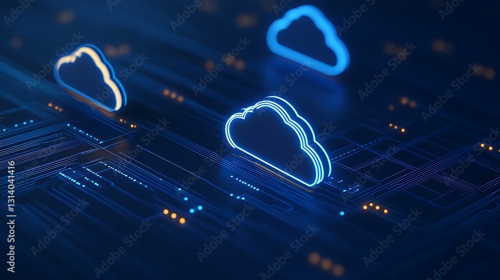 Poster futuristic cloud computing concept with glowing clouds and abstract data network illustration