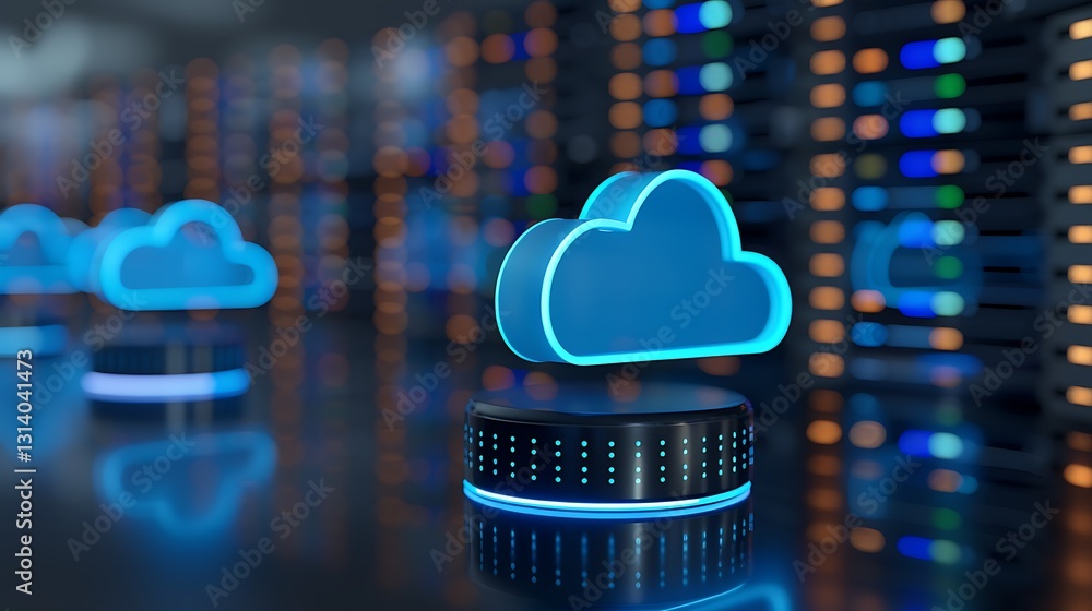 Poster futuristic cloud computing concept with glowing clouds and server room in background