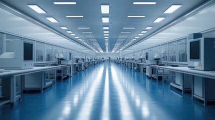 Fototapeta premium Clean Modern Laboratory Interior with High-Tech Equipment and Blue Floor
