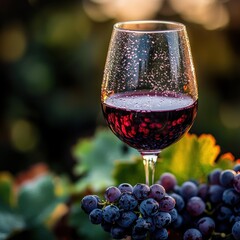 Red wine glass with grapes in vineyard at sunset.