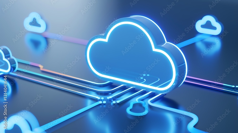 Poster futuristic cloud computing concept with glowing neon lines and 3d cloud icons on reflective surface