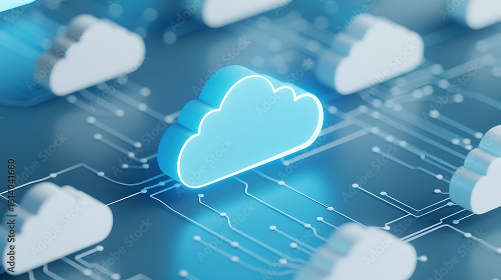 Poster futuristic cloud computing concept with luminous clouds and technology circuit background