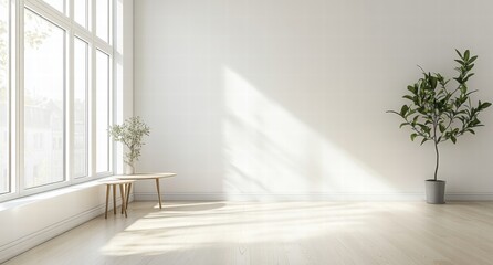 A large, empty room with a large window and a potted plant