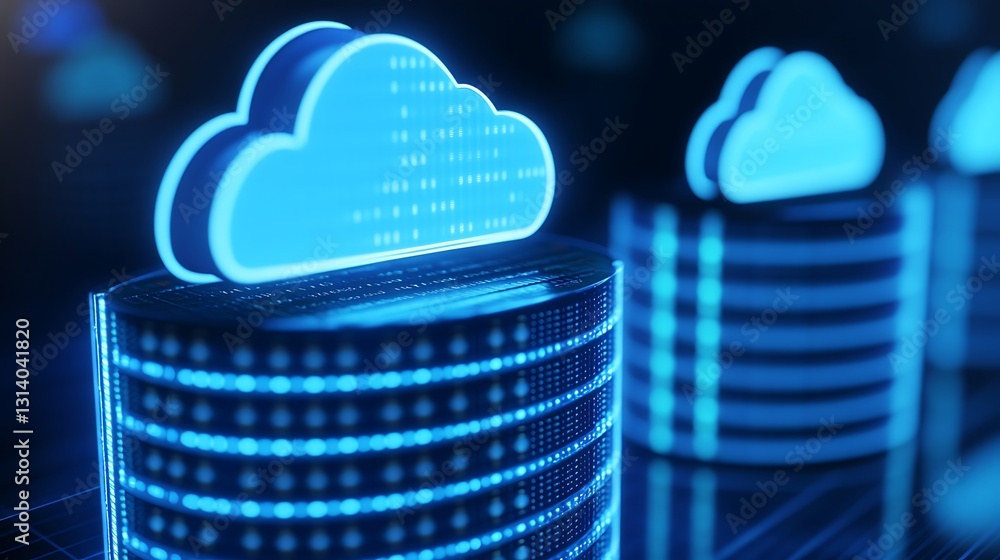 Poster futuristic cloud computing concept with neon blue data storage and digital networking visualization