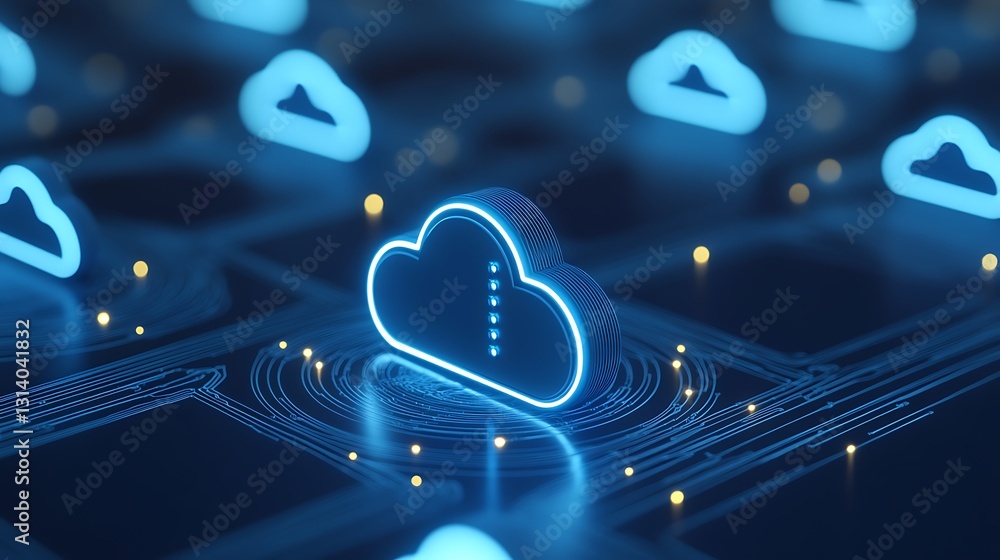 Poster futuristic cloud computing concept with neon blue cloud icon and abstract digital network background