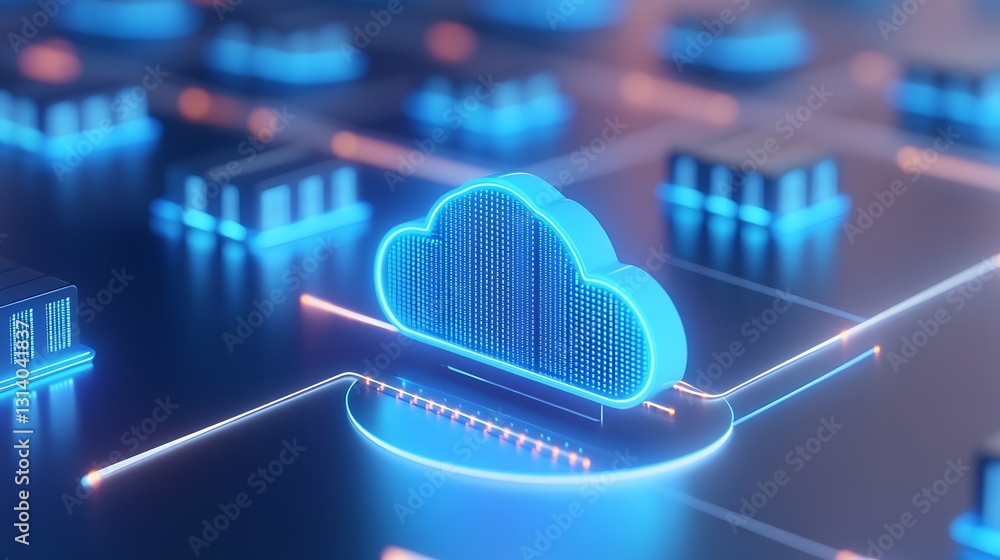Poster futuristic cloud computing concept with neon blue lights and network connections in data center envi