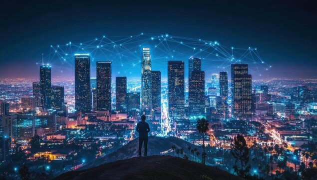A man stands on a hill overlooking a city at night