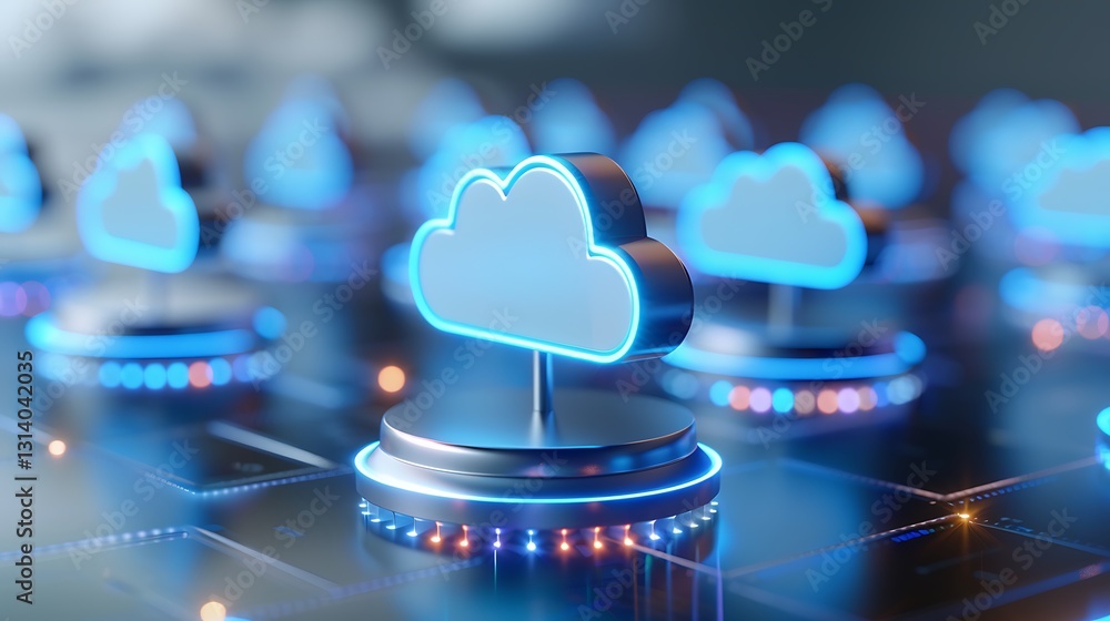 Poster futuristic cloud computing concept with neon clouds and digital technology elements on a dark backgr