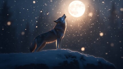 Fototapeta premium Lone wolf howling on snowy cliff with full moon and snowflakes