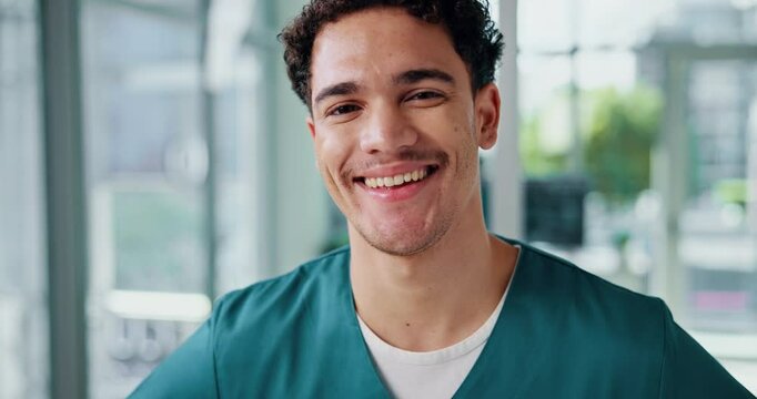 Face, nurse and happy man in hospital for healthcare service, medicine and wellness doctor. Medical professional, intern and portrait of worker, employee or physician with pride in clinic in Morocco