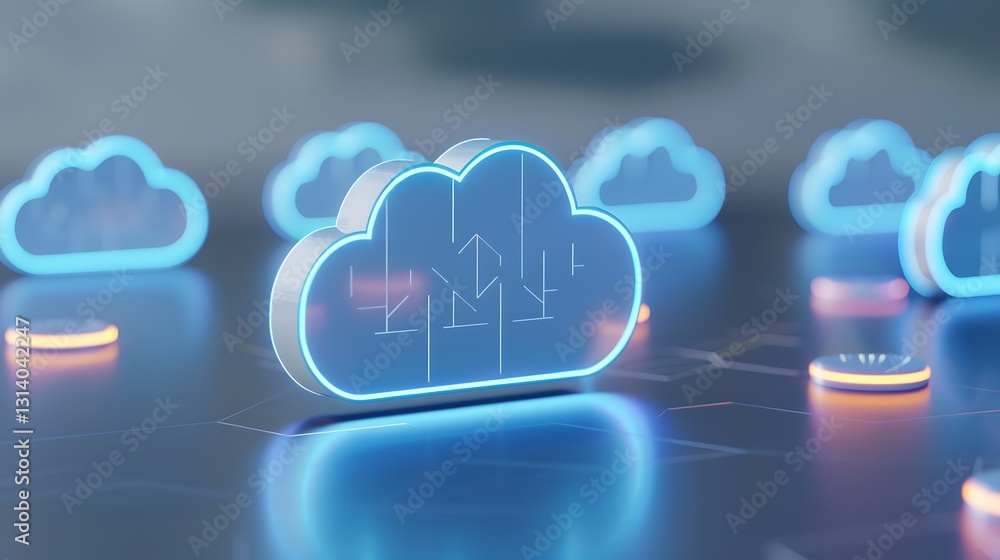 Poster futuristic cloud computing concept with neon light elements and digital background for technology in