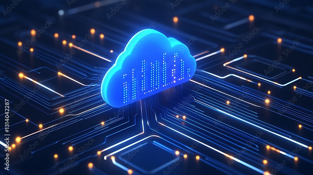 Poster futuristic cloud computing concept with neon lights and circuit board design for technology and digi