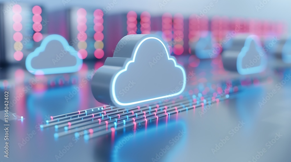 Poster futuristic cloud computing concept with neon lights and data flow illustrating network connectivity 