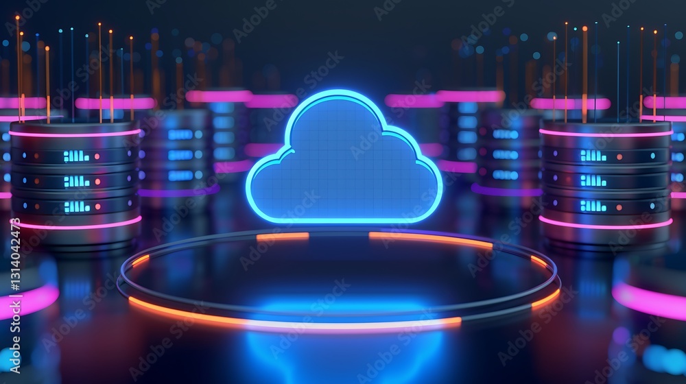Poster futuristic cloud computing concept with neon lights and data storage devices in a digital environmen