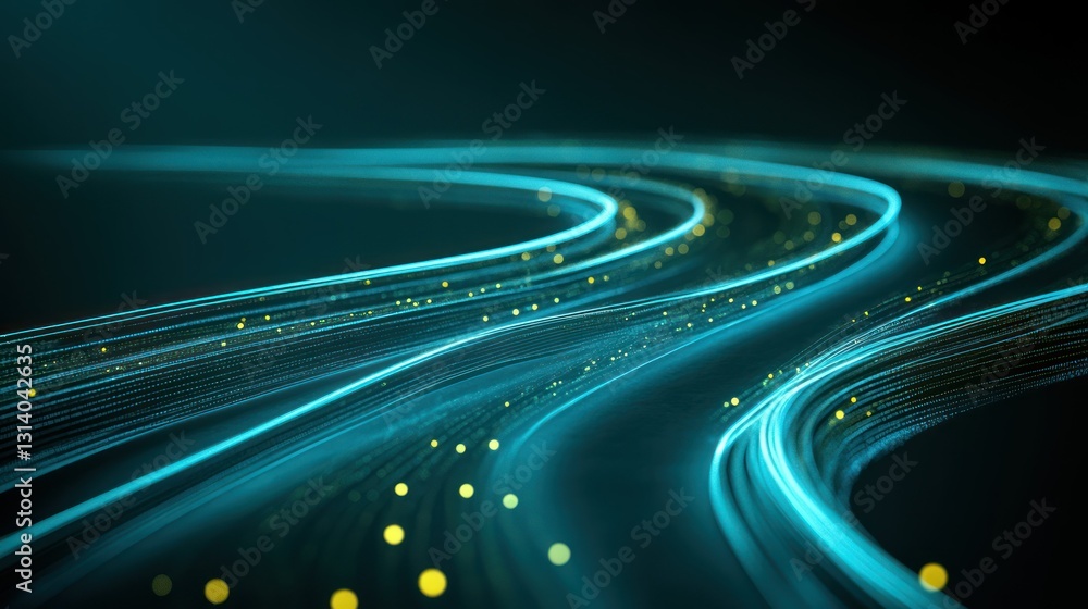 Poster curved glowing abstract lines and dots on a dark background