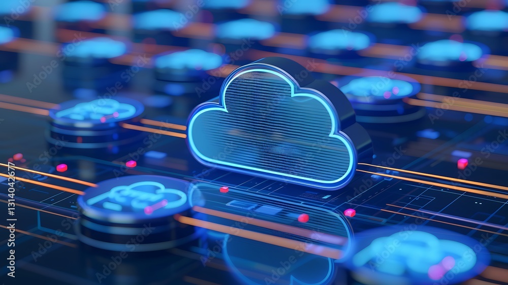 Poster futuristic cloud computing concept with neon lights and digital circuit background