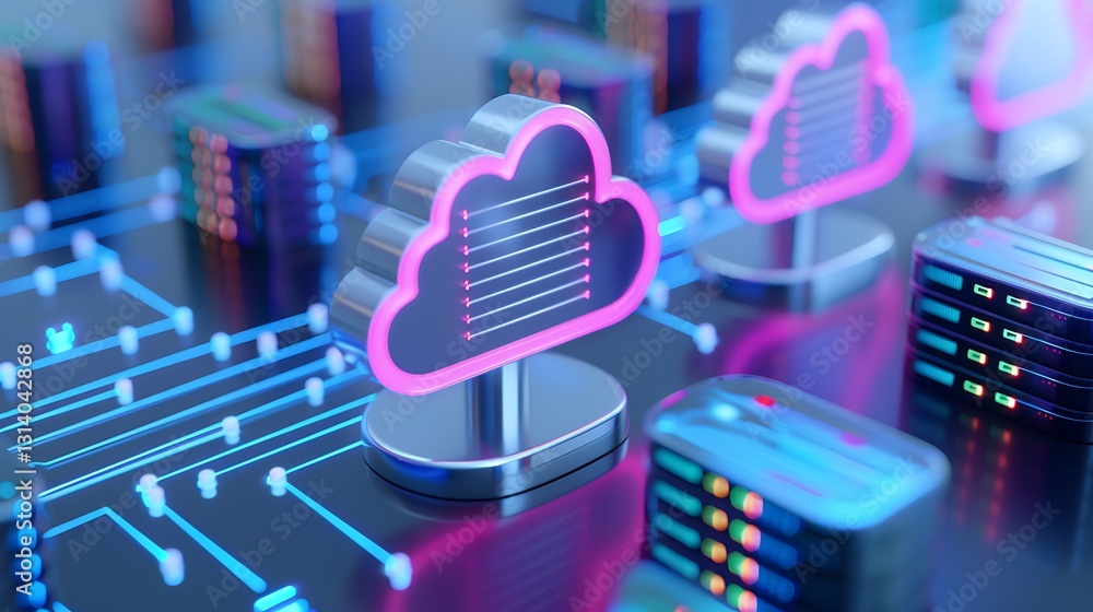 Aufkleber futuristic cloud computing concept with neon lights and digital data representation for technology b